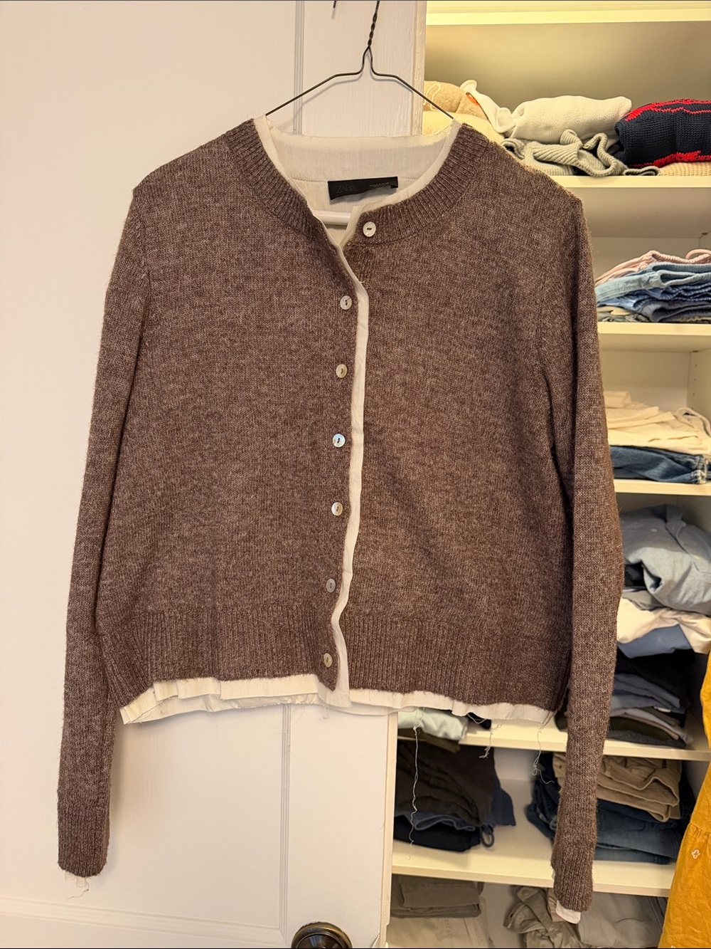 Zara Brown Button-Front Cardigan with Cream Trim